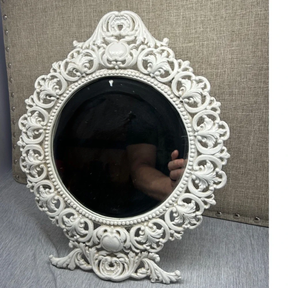 Vintage White Ornate Cast Metal Tabletop Vanity Mirror Rococo Scrollwork 12.5in‎